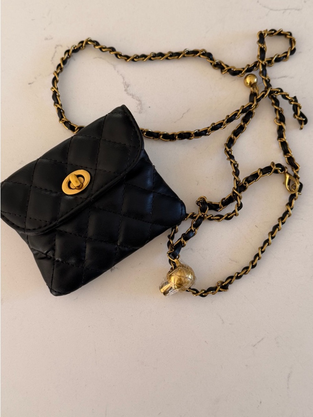 Black Quilted Leather Crossbody Bag with Gold Chain